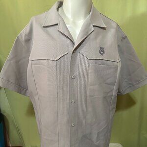 Vintage Iolani Executive Men's Gray Beige Polyester Hawaiian Shirt Size Large